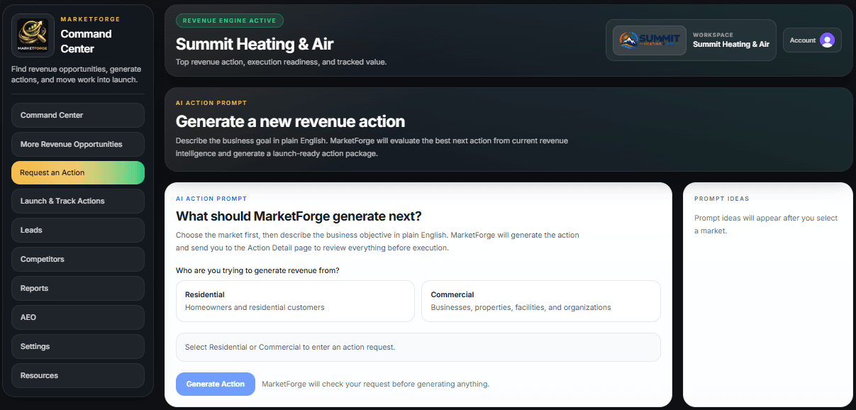 Summit Heating & Air example workspace showing the Residential and Commercial Request an Action choices