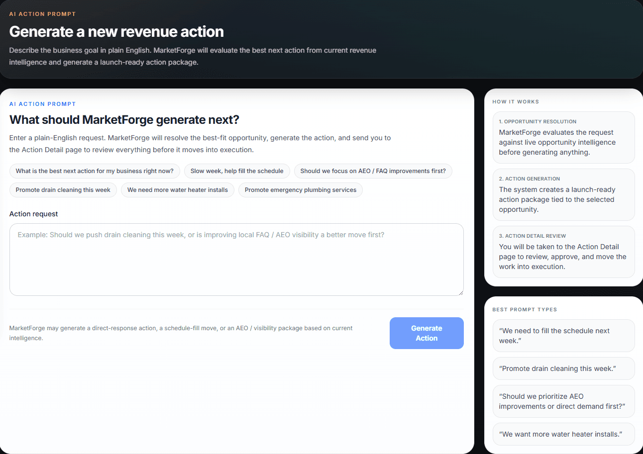 MarketForge natural language action builder